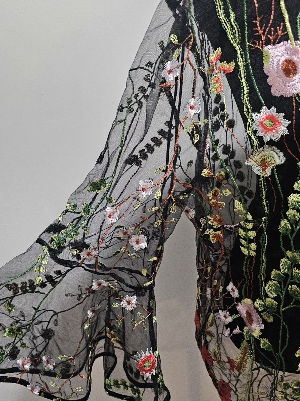 Adiva Black Sheer Top with Multicolor Floral Embroidery Whimsigoth Fairy Goth 1X - Picture 4 of 11